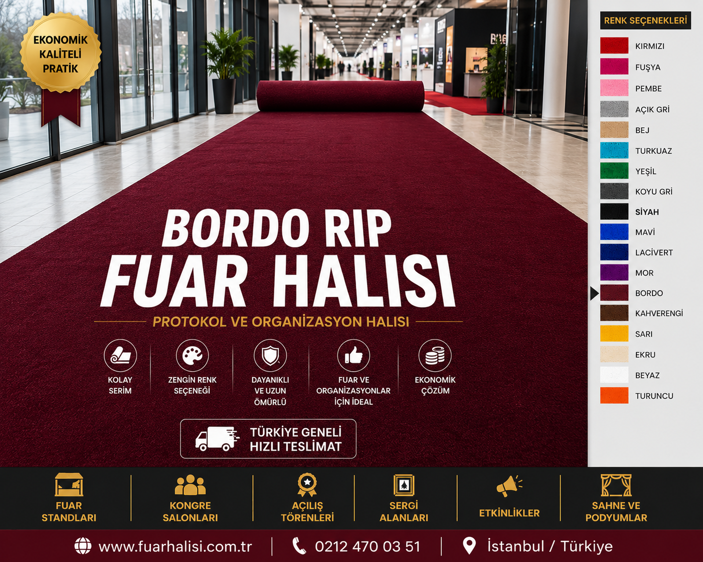 Bordo Halıfleks renk kartelası ve fuar halısı uygulaması
