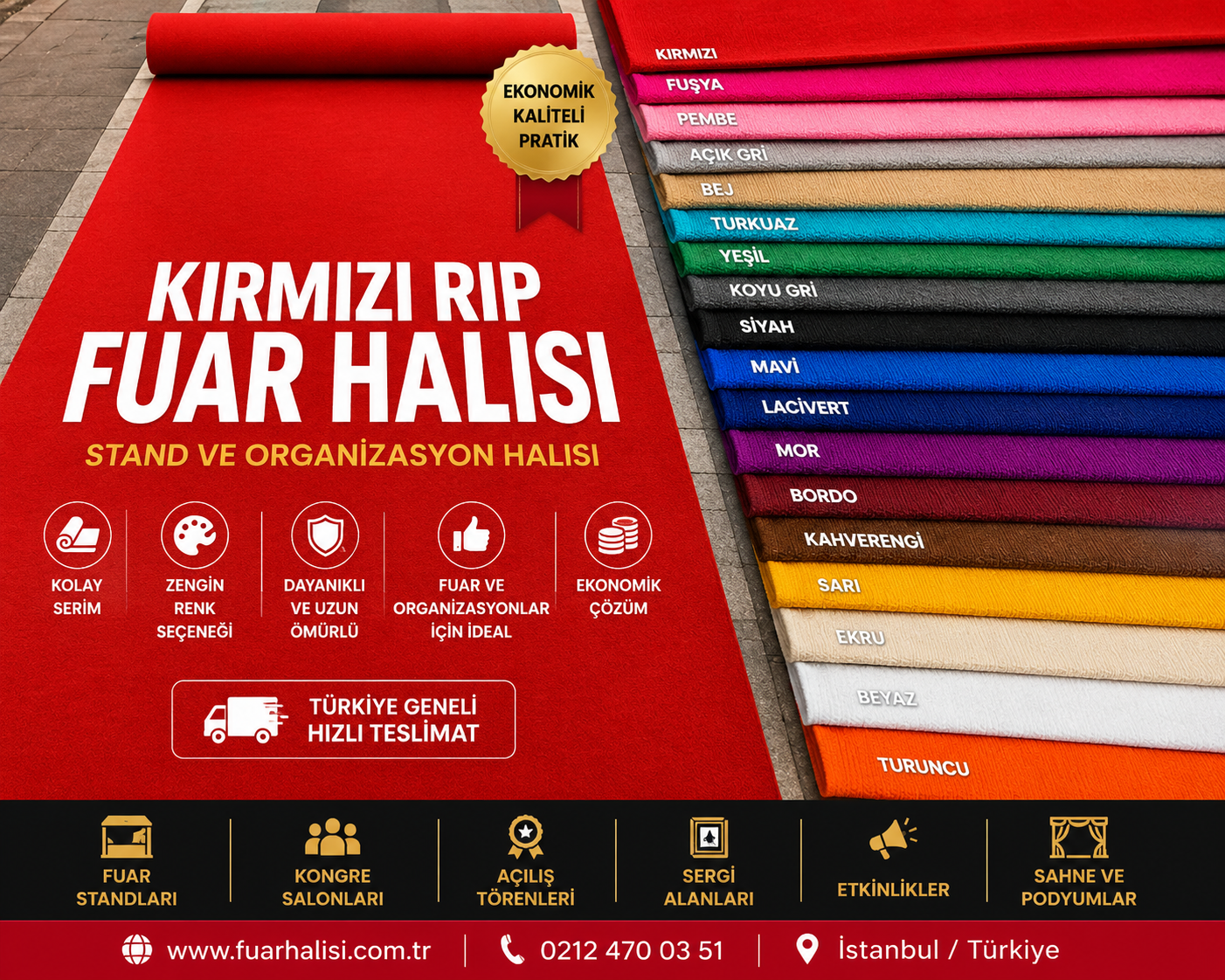 Kırmızı Halıfleks renk kartelası ve fuar halısı uygulaması