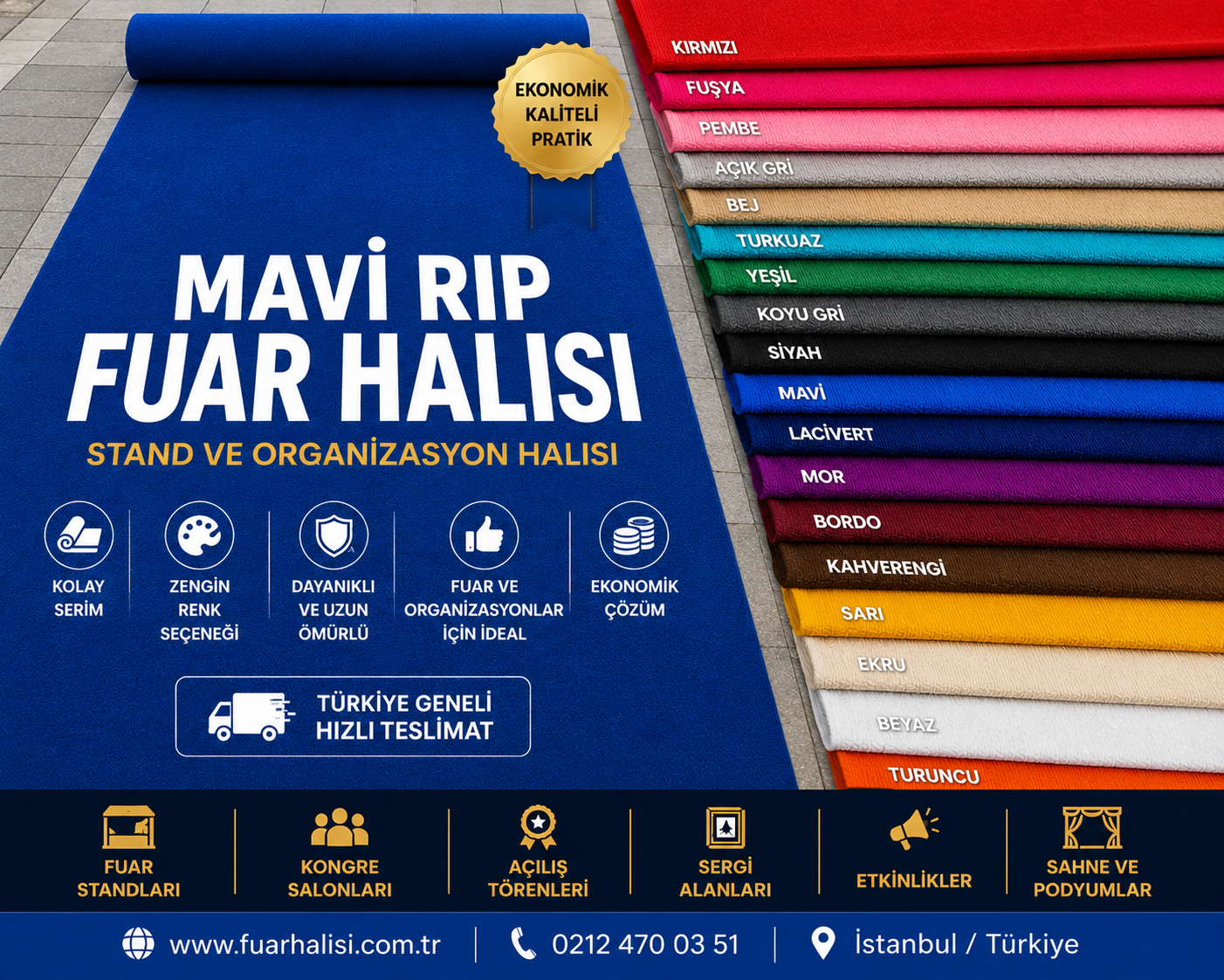 Lacivert Halıfleks renk kartelası ve fuar halısı uygulaması