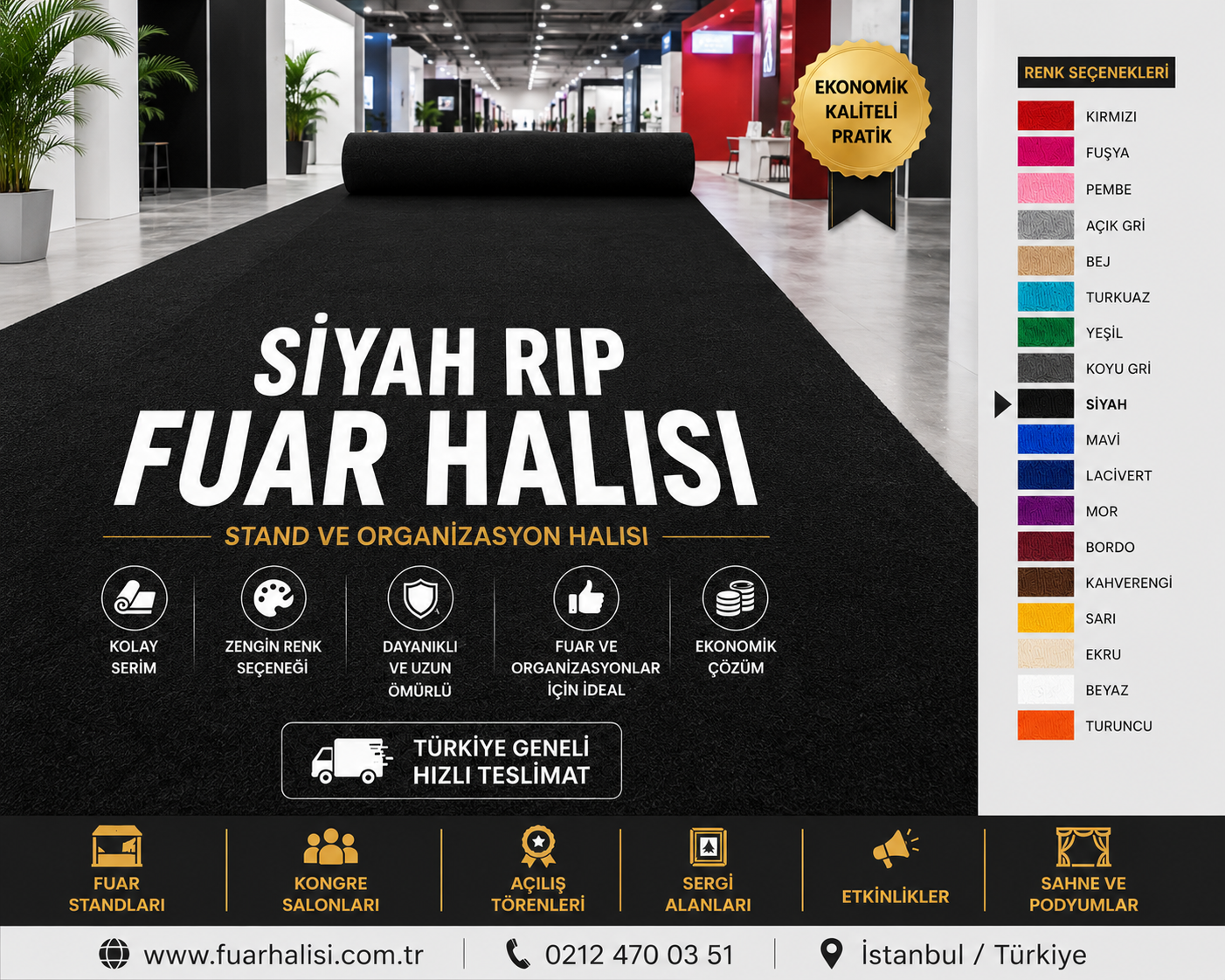 Siyah Halıfleks renk kartelası ve fuar halısı uygulaması